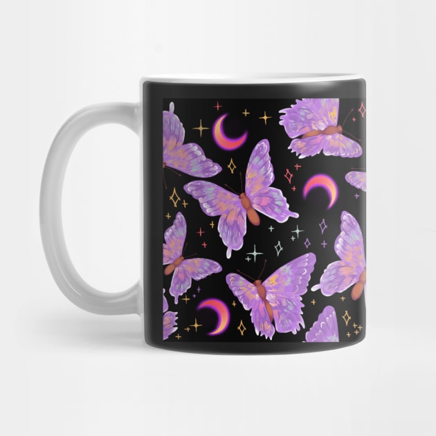 Iridescent Whimsigoth Purple Butterflies on Black with Neon Moons by FrostedSoSweet